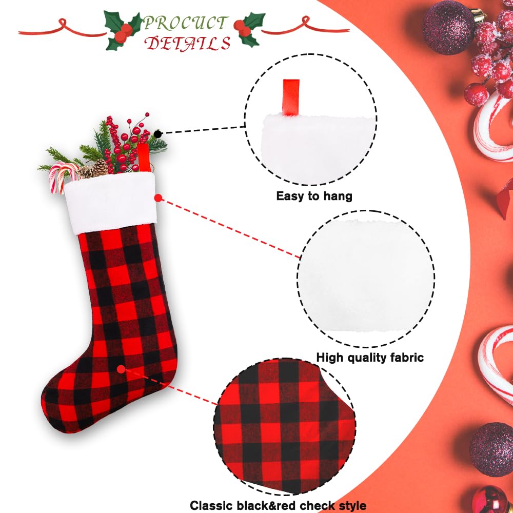 YUJUN 6 Pack 22 Inches Christmas Stockings, Xmas Large Black Red Buffalo Plaid Hanging Stockings Decorations for Christmas Tree Fireplace Family Holiday Party Decor (Red&White)