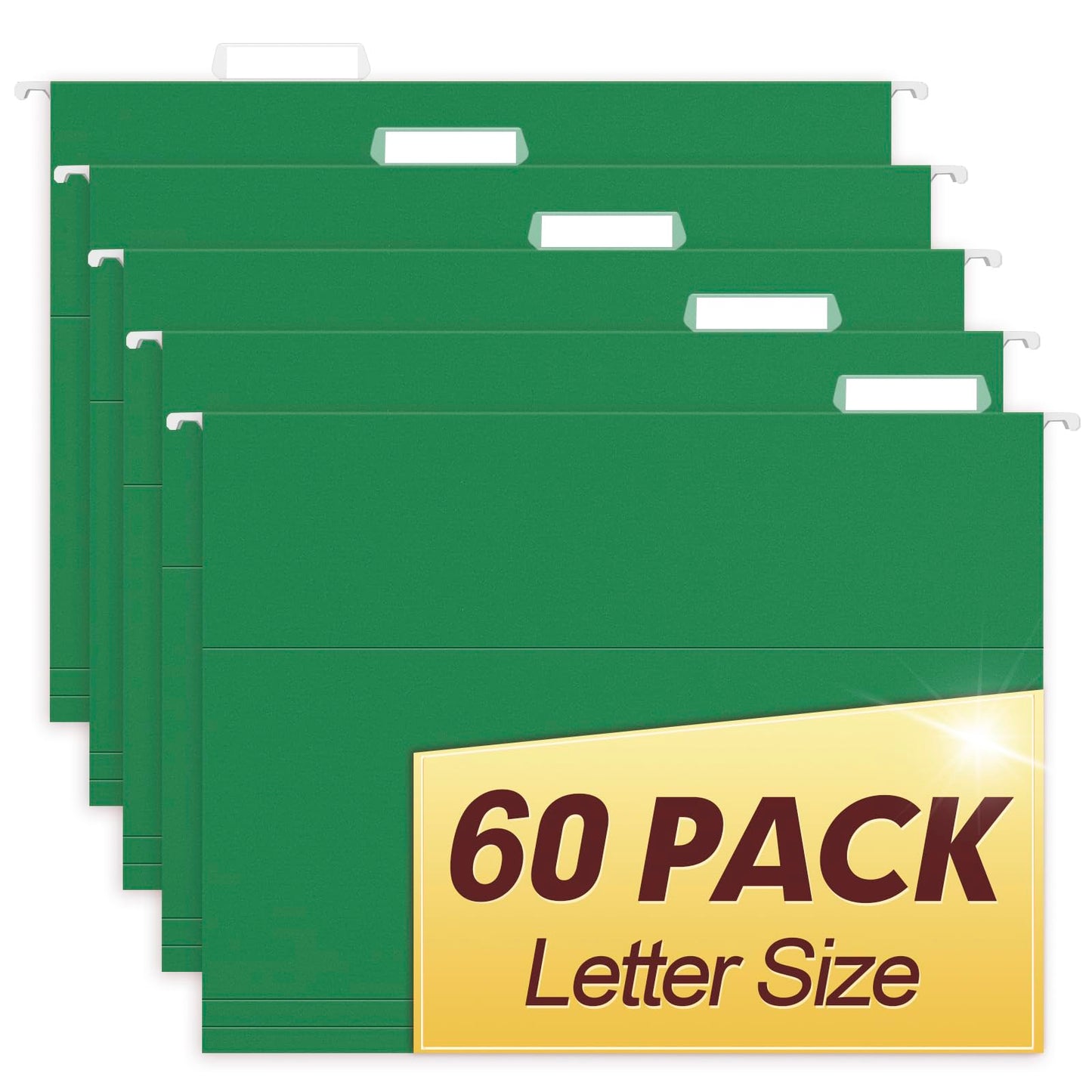 HERKKA Hanging File Folders, 60 Pack Reinforced Letter Size Hanging Folders, Designed for Bulky Files, Filing Cabinet, 1/5-Cut Adjustable Tabs (Green)
