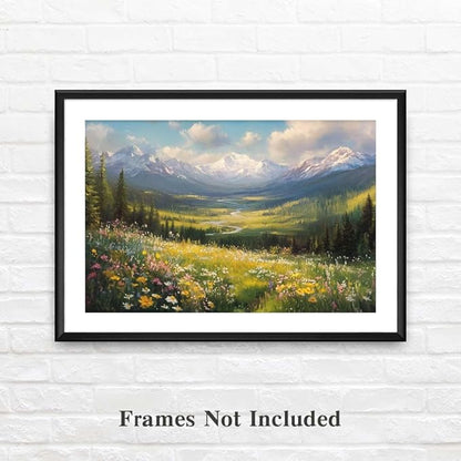 Yesad Wildflower Field Landscape Canvas Wall Art, Alpine Mountain Painting Wildflowers Pictures Poster Flower Prints Vintage Nature Wall Décor for Living Room, Bedroom (Unframed,24”x16”,Wildflower4)