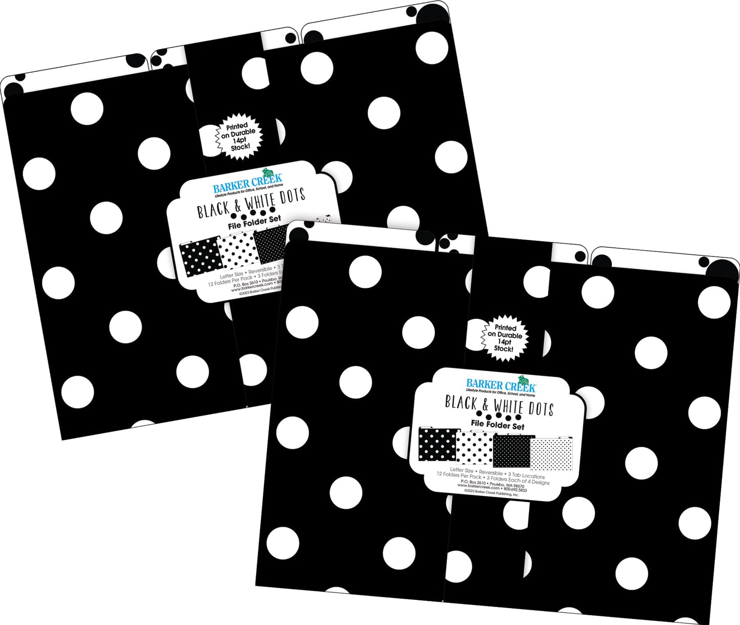 Barker Creek File Folders - Set of 24 Black & White Dot Letter Size Folders, 14pt Stock, Multi-Design Set, 1/3 Cut Tabs, Reversible, Home, School and Office Supplies (4378)