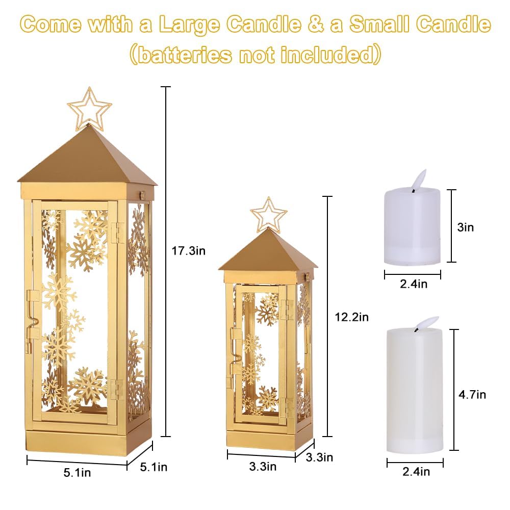 NEEDOMO Christmas Decorations Outdoor&Indoor, 17''/12'' Metal Candle Lantern Decor,Christmas Lanterns with Snowflakes Stars and LED Candle for Home Porch Patio Table Centerpieces, Xmas,No Glass