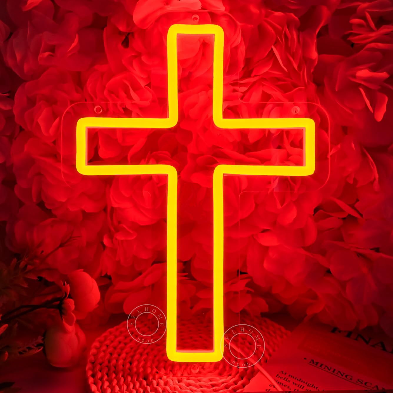 SYLHOME Cross Led Neon Light Sign Kids Bedroom Nursery Wall Sign Decor Christening Baby Shower Wedding Birthday Christmas Party Backdrop 11.8" X 8.66" USB Red