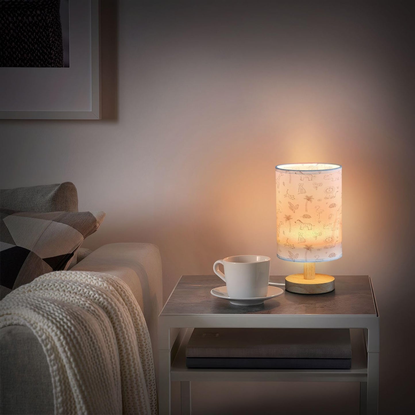 Kigai Safari Nursery Table Lamp for Kids Room LED Bedside Nightstand Lamp with USB Port, Small Nursery Lamp with Fabric Shade for Bedroom, Baby Room, Living Room
