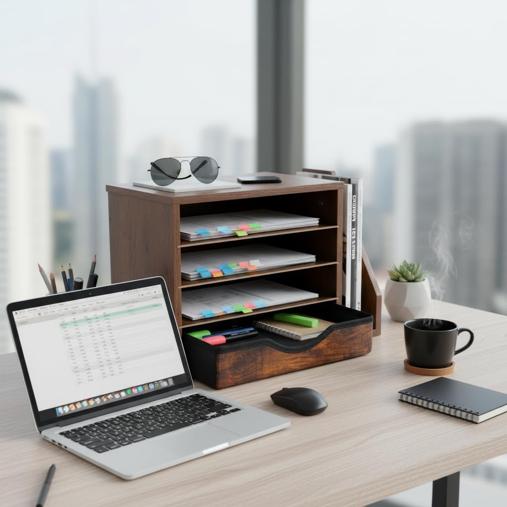 Gphudpzdl Wooden Desk Organizer with Drawers, Wood Desk Organizers and Accessories, 4 Tier Desk Organizer with Adjustable Shelves, Paper File Mail Organizer for Home Office, Brown