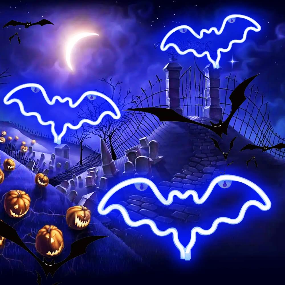 Vicila Bat Neon Signs Halloween Night Lights, LED Neon Lights Spooky Gifts Bat Shape Lamp for Wall, Festival, Party Teens Bedroom Decor-Bat(Blue)