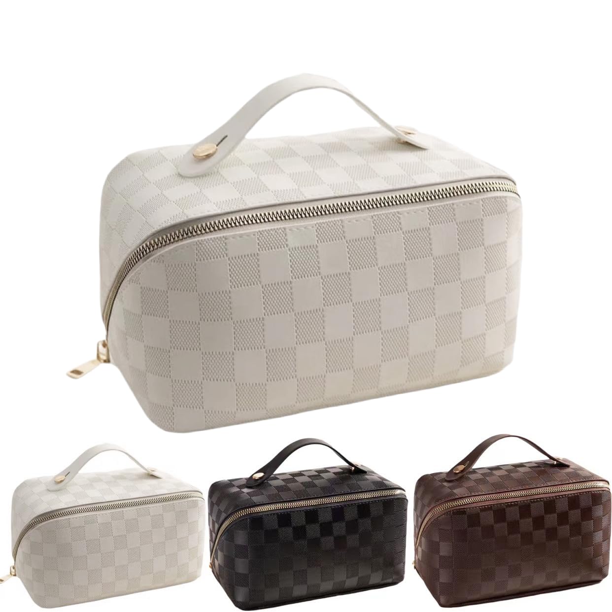 BIVIZKU Checkered Makeup Bag,180° Flat Open Cosmetic Bag for Women,Large Capacity Travel Toiletry Bag with Brush Pouch,Waterproof PU Leather Make Up Organizer for Skincare & Makeup (white-checkered)