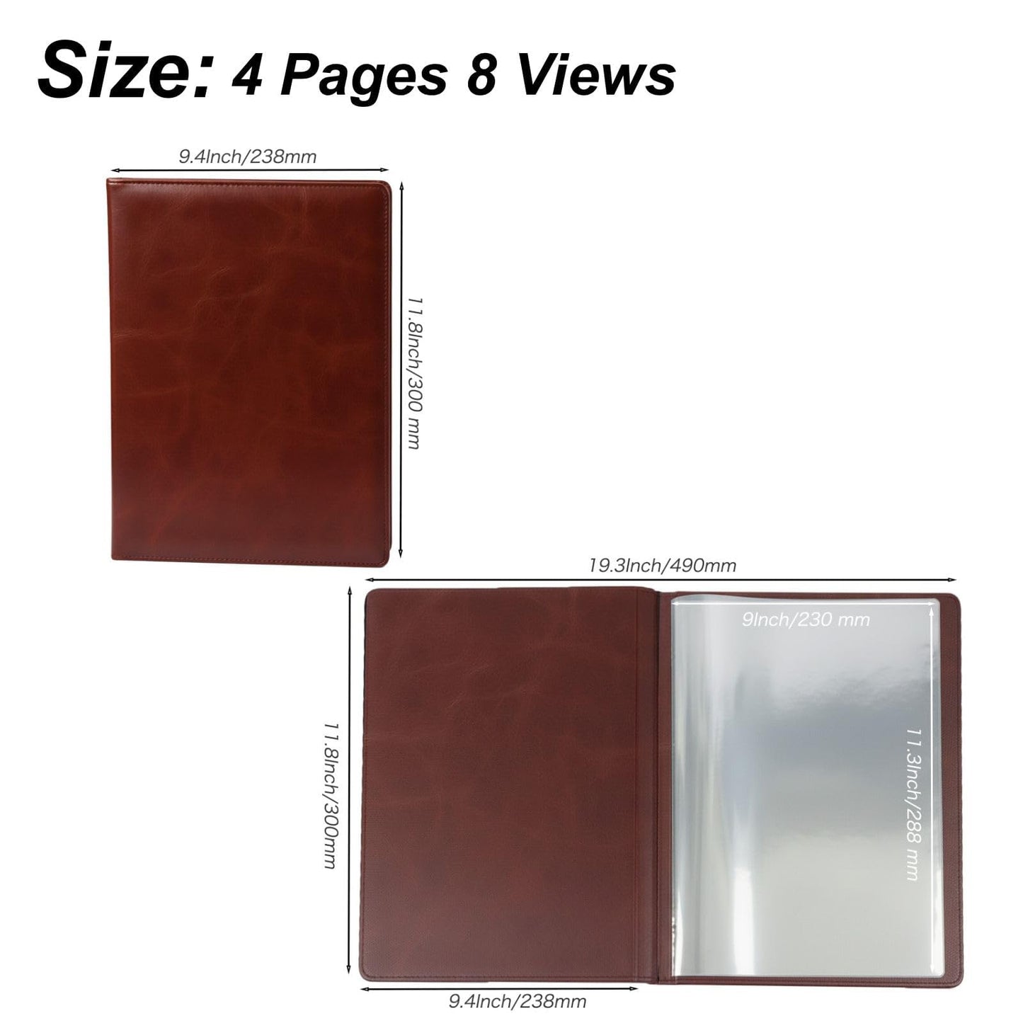 2-Pack Premium Vegan Leather Menu Cover 8.5 x 11, 4 Page 8 View Menu Folder with Clear Sleeves, Restaurant Menu Holder, Portfolio Binder, Sheet Music Folder, Hotel & Guesthouse Presentation Book