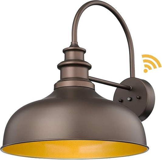 Bestshared 16 Inch Dome Large Dusk to Dawn Gooseneck Barn Light Anti-Rust Farmhouse Outdoor Wall Sconce Industrial Outdoor Wall Lights Exterior Lighting Fixture,Garage Lamp(ORB+Gold, 16” Dome-1Pack)