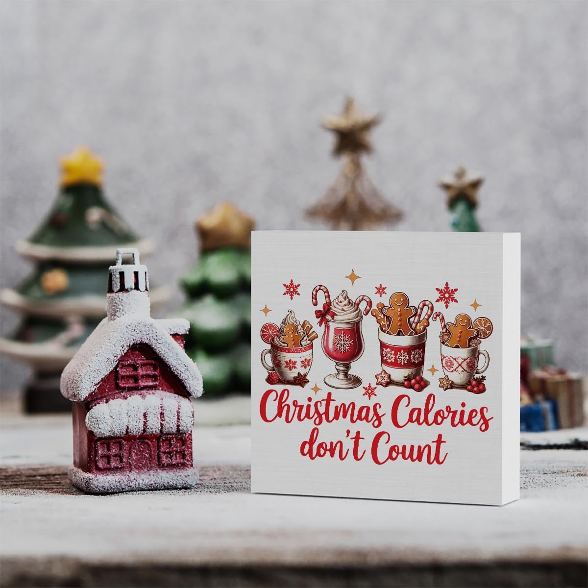 Christmas Kitchen Decorations, Hot Cocoa Sign Gingerbread Home Decor for Table Shelf, Christmas Calories Don't Count Sign 5 x 5 inch