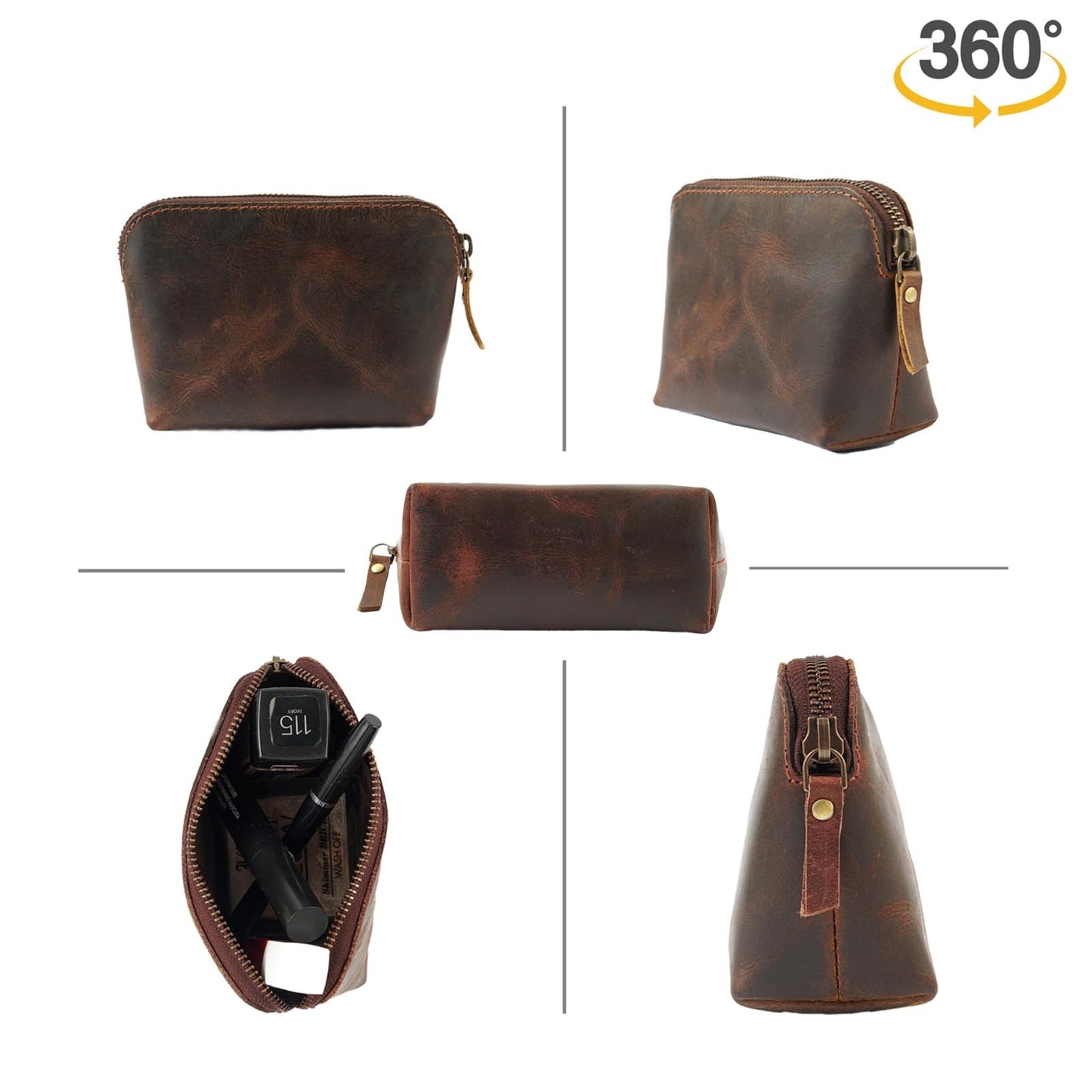TheAntiq Full Grain Leather Cosmetic Bag – Zippered Makeup Pouch for Women, Small Travel Toiletry & Organizer Pouch for Purse, Premium Handmade Leather (5 × 4 × 2.5 in)