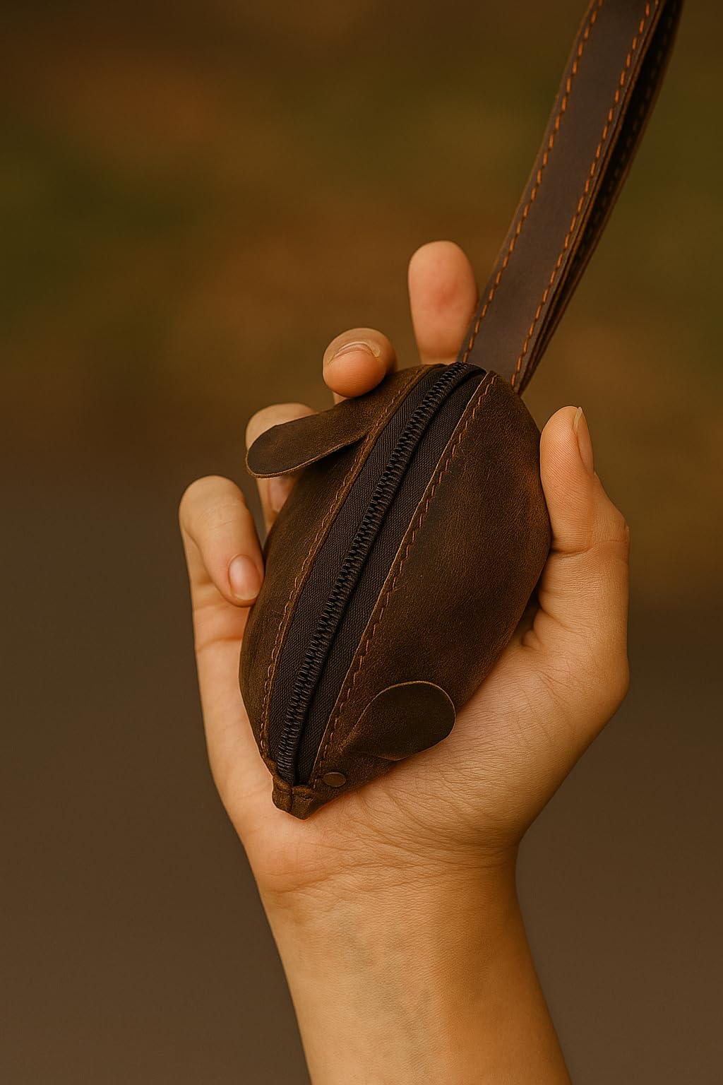 PavinCrafter Leather Rat Coin Purse – Handmade Full Grain Leather Change Holder with Zipper, Compact Cute Animal Design for Coins, Keys, Jewelry & Small Essentials (Dark Brown)