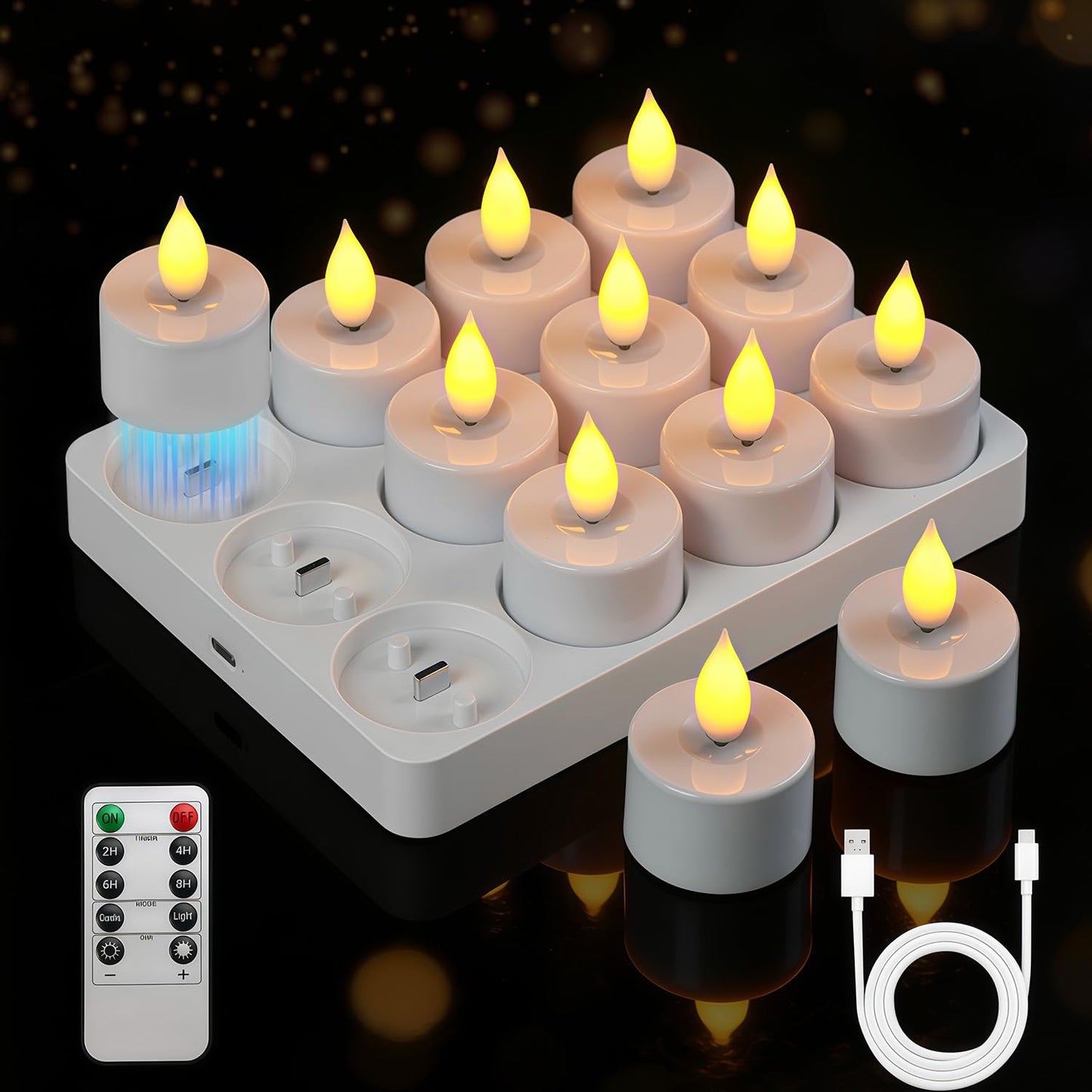 Lacasa Rechargeable LED Tea Lights, 12 Pack Flameless Candles with Remote Control Timer & Charging Base, Battery Operated Flickering Votive Candles for Wedding, Halloween, Christmas, Home Decor
