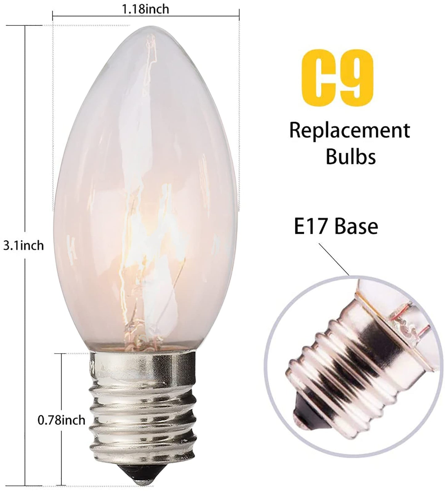 Abeja 25 Pack C9 Incandescent Replacement Bulb C9 Christmas Light Bulb for Holiday Party Christmas Decorative String Light E17 Intermediate Base 7w Clear Bulb