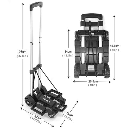 ZHJINGYU Folding Hand Truck Trolley, Utility Cart with 4 Wheels & 2 Elastic Ropes, Portable Backpack Trolley, Luggage Dolly, Travel & Moving, Shopping, Aluminum, Black, Small
