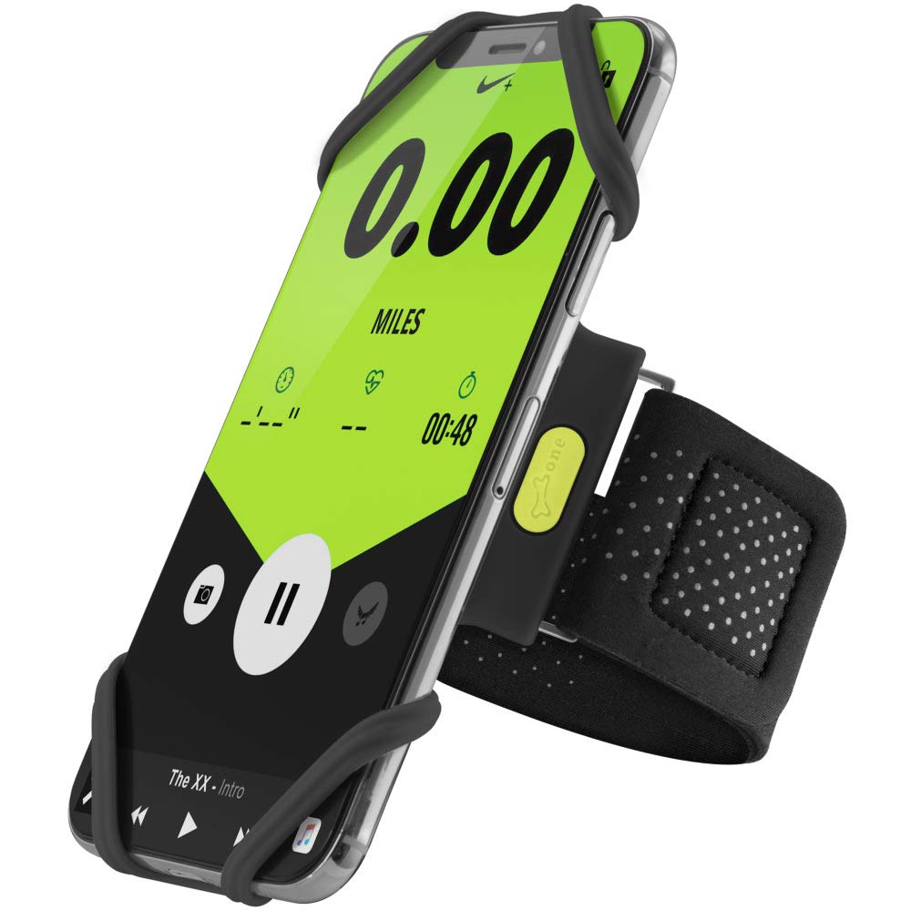 BONE Run Tie, Running Armband Phone Holder, Skin-Friendly & Washable Silicone Sport Armband, Universal Workout Phone Carrier Compatible with 4"-6.7" Smartphones (Black - Size L/Arm Size 9.8-15.7")