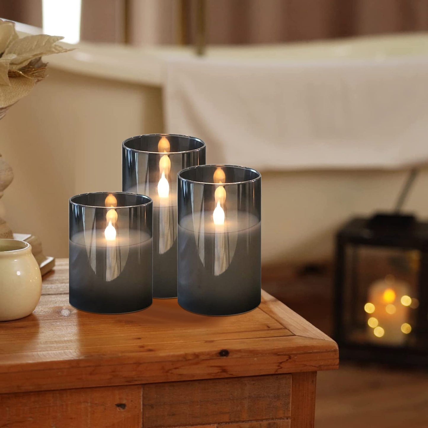 HIYAA LED Flameless Candles, Gray Glass Battery Operated Candles Flickering with Remote, 3D Wick Realistic Warm Light LED Candles Flickering with Timer for Wedding Party Christmas Decoration