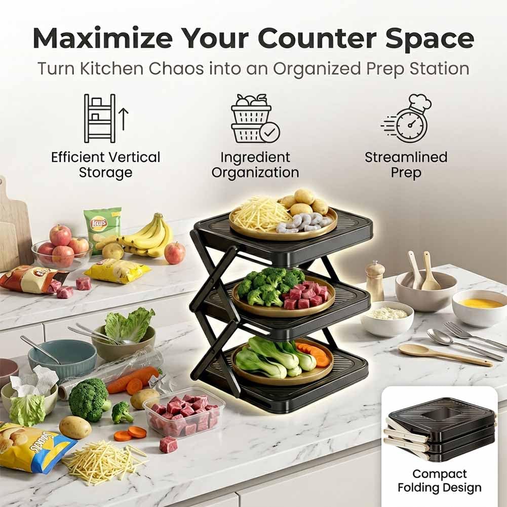 Multi-Layer Dish & Prep Tray Storage Rack, 3-Tier Foldable Food Prep Storage Rack, Easy to Store, Space-Saving, Food Prep Rack for Parties, Picnics, Kitchens & Outdoor BBQ (White*1)