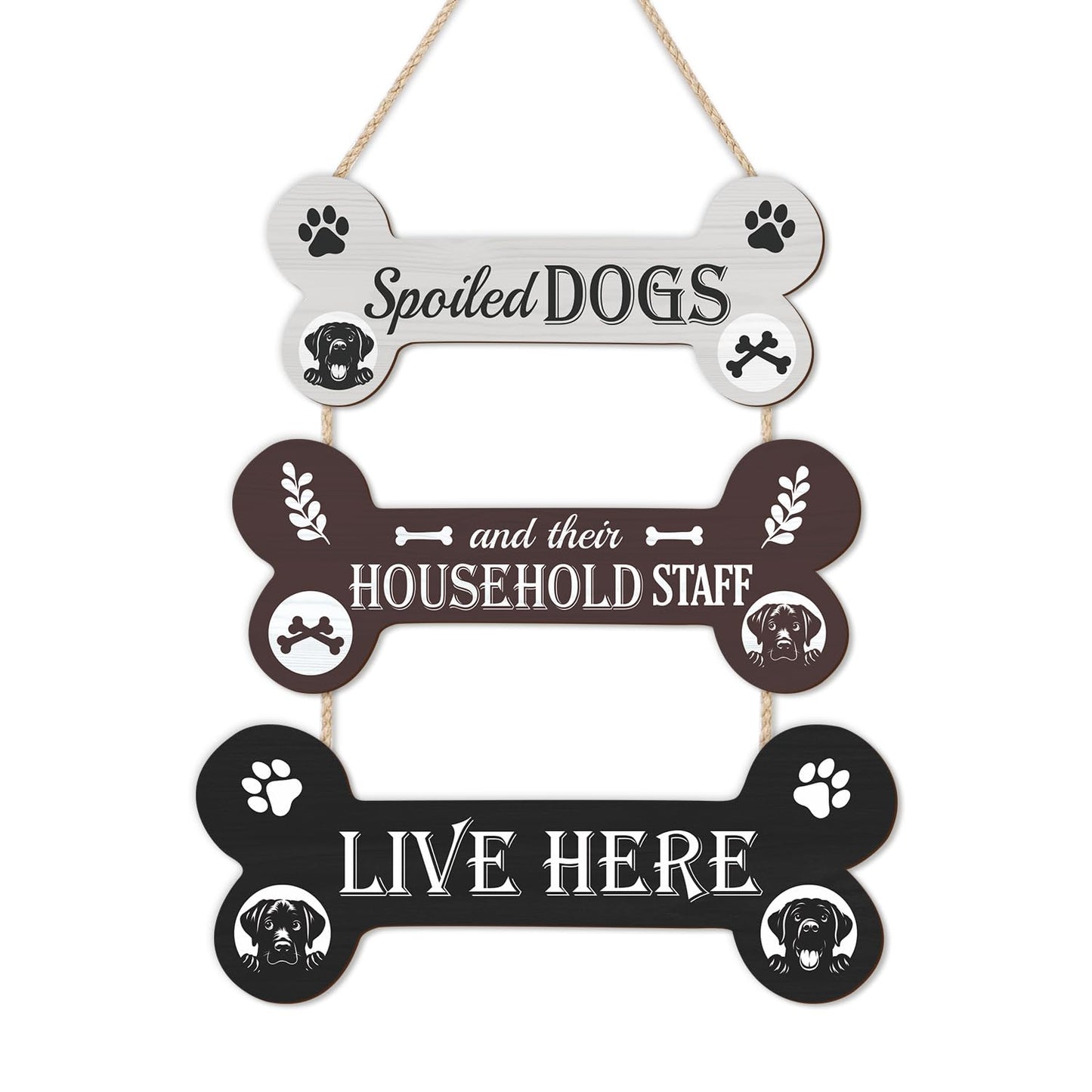 HLNIUC Funny Dog Wooden Sign,Spoiled Dogs Door Sign And Their Household Staff Live Here Wall Decor,Bone Shape Hanging Plaque for Porch Front Door,Dog Welcome People Tolerated Plaque for Dogs Lovers