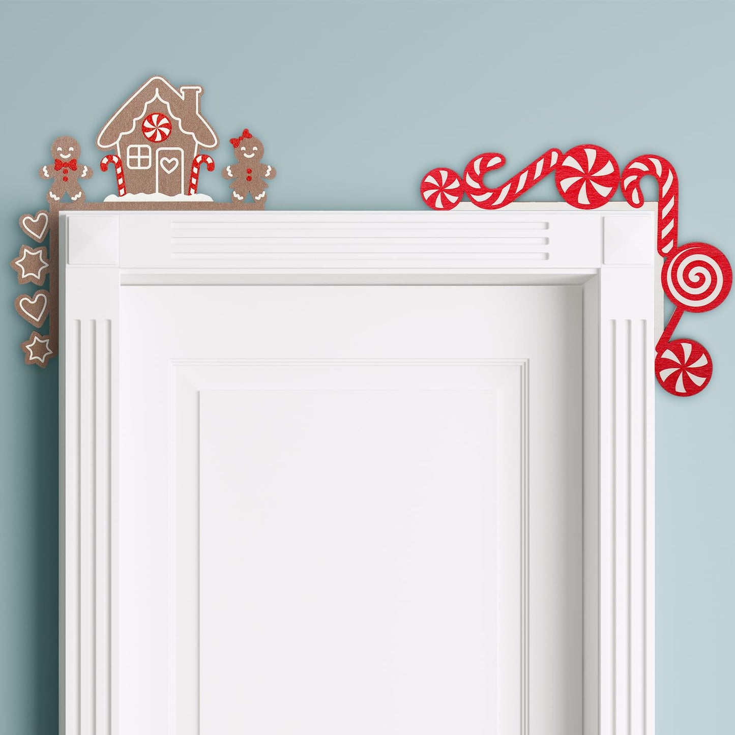 Briwooody 2 Pcs Christmas Door Topper Funny Gingerbread Candy Door Frame Corner Sign Decor Home Wooden Christmas Cabinet Knob Covers Party Ornament Props Gift for Wall Window DIY