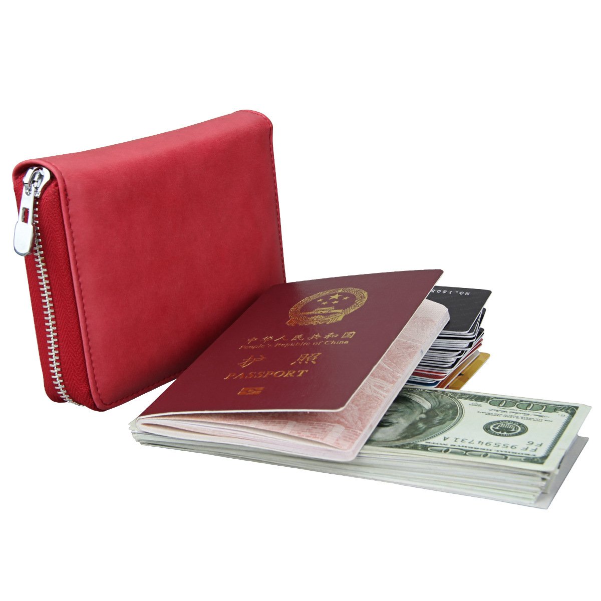 boshiho RFID Blocking 24 Slot Credit Card Holder Wallet Real Leather Multi Card Organizer Wallet with Zipper (red)