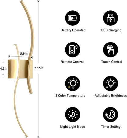 Battery Operated Wall Sconces Set of Two with Remote Control, Stepless Colors 3000K-6000K & Dimming, LED Gold Wireless Wall Light for Living Room, Hallway, Bedroom, 27.5 Inch (2 Pack)