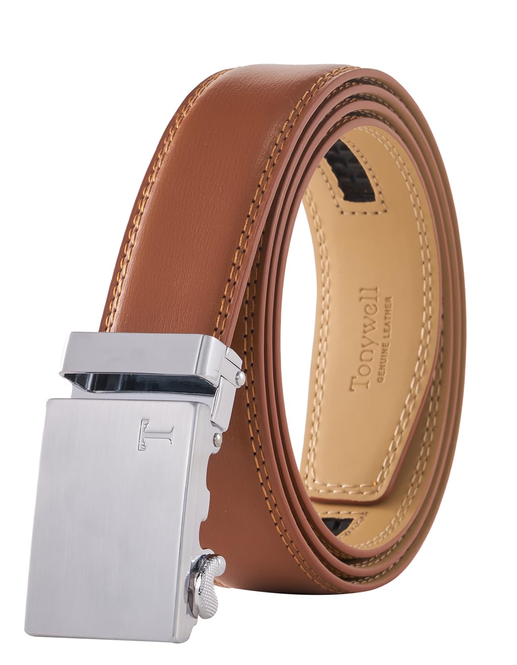 Tonywell Ratchet Belts for Men, Leather Dress Casual Belt, 1 3/8" Adjustable with Comfort Click Buckle (Belt Cognac Silver Buckle, 32" to 45" Waist Adjustable)