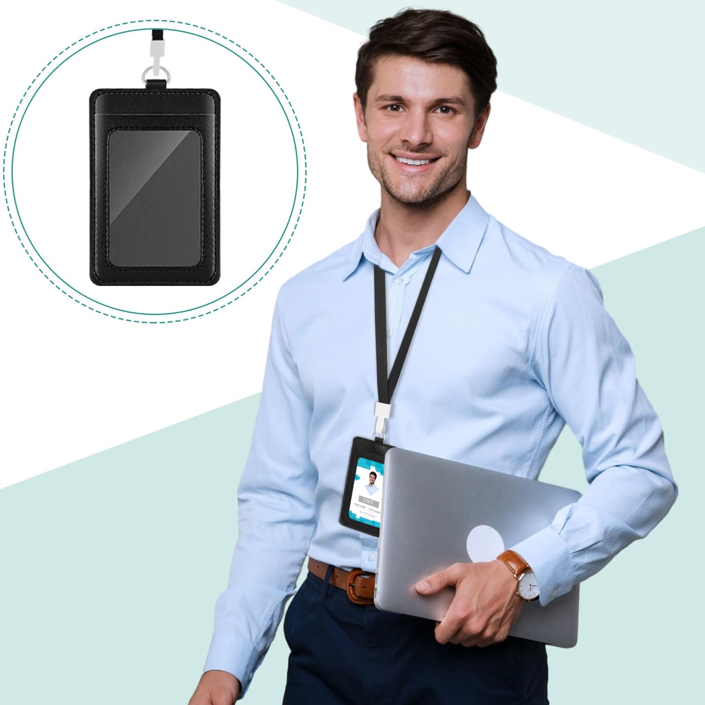 Ireer 48 Pcs ID Badge Holder with Lanyard, PU Leather Card Holder Vertical with Clear ID Access Card Window, Slot for Office Work, School Student, Black