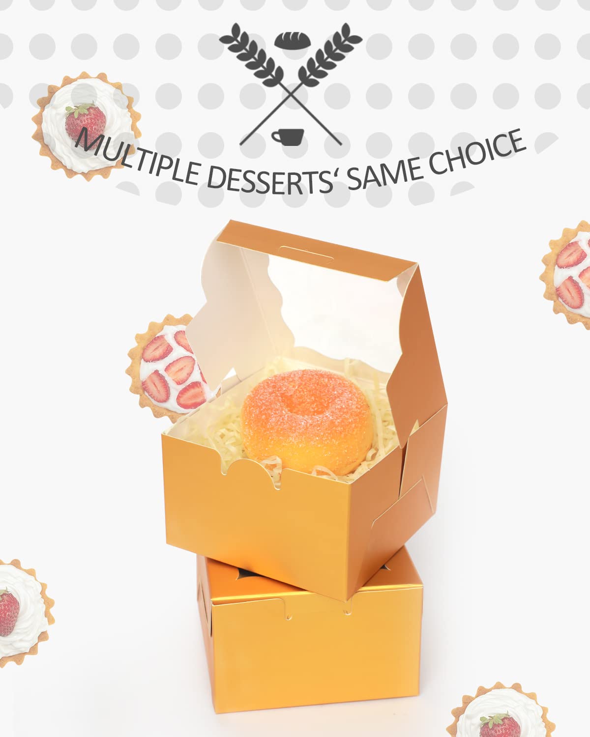 Bakery Box with Window 4*4*2.5inch/55Packs Gold Macaron Boxes Small Donut Pastry Boxes for Party Mini Cookie Boxes qiqee(5 Diferent Gift Include)