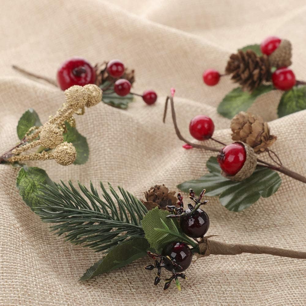 NERKT 20Pcs Christmas Pine Picks with Red Berries and Pine Cones Artificial Berry Picks for Christmas DIY Crafts Gift Package Party Flower Arrangements Wreaths and Holiday Decorations
