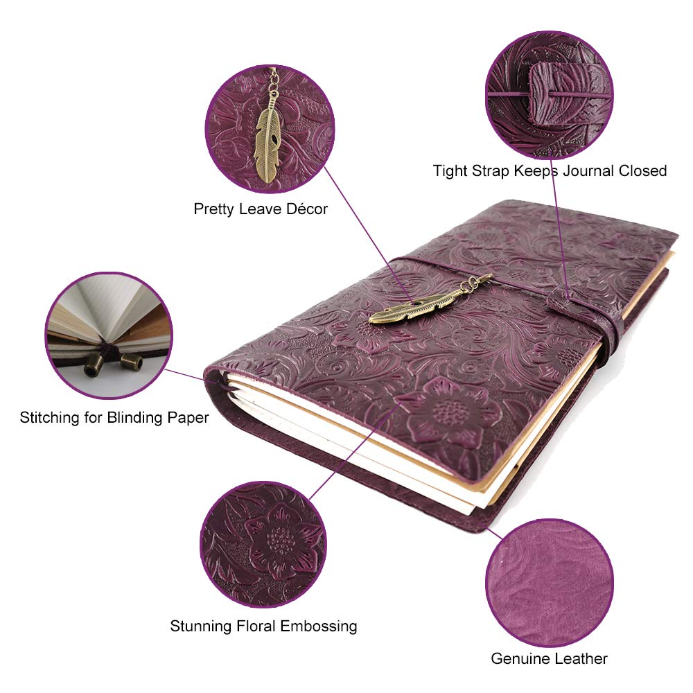 Refillable Leather Journal, Handmade Purple Leather Notebook with Bookmark for Men & Women, Vintage Leather Notepad Sketchbook Perfect for Writing, Gifts, Travelers (Purple, Standard)