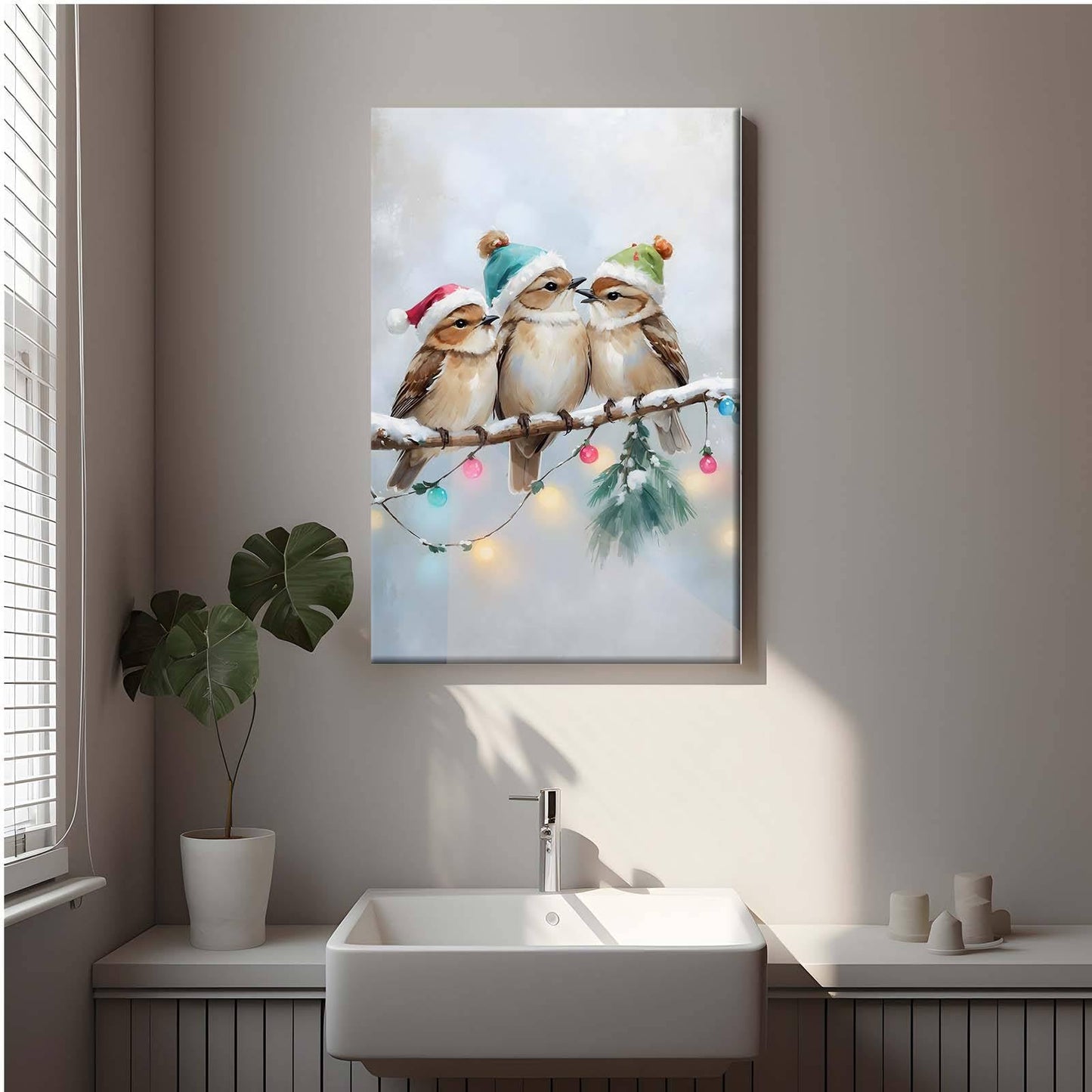Framed Canvas Wall Art Christmas Birds Winter Art Print Wall Art Holiday Poster Trendy Christmas Decor 8x12in Wood Framed