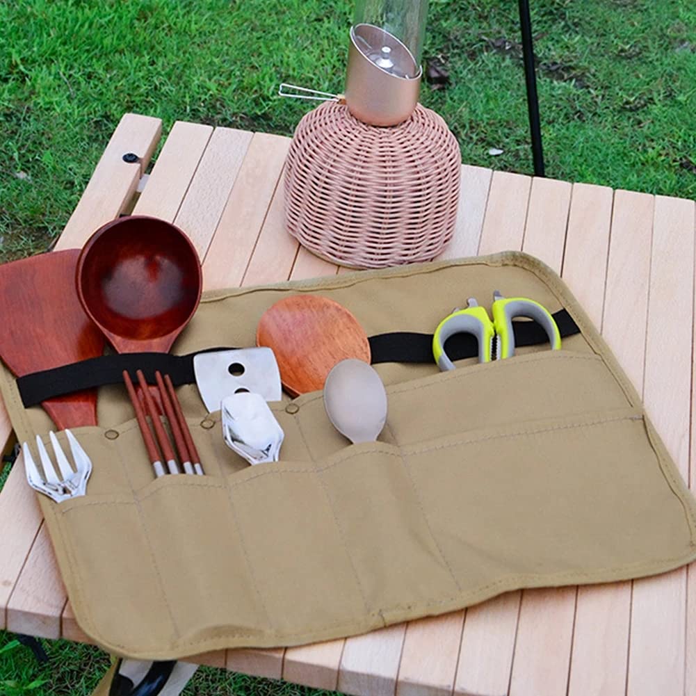 PWPAM Camping Tableware Storage Bag Picnic Cutlery Organizer Cooking Utensils Hanging Bag (Square, Khaki)
