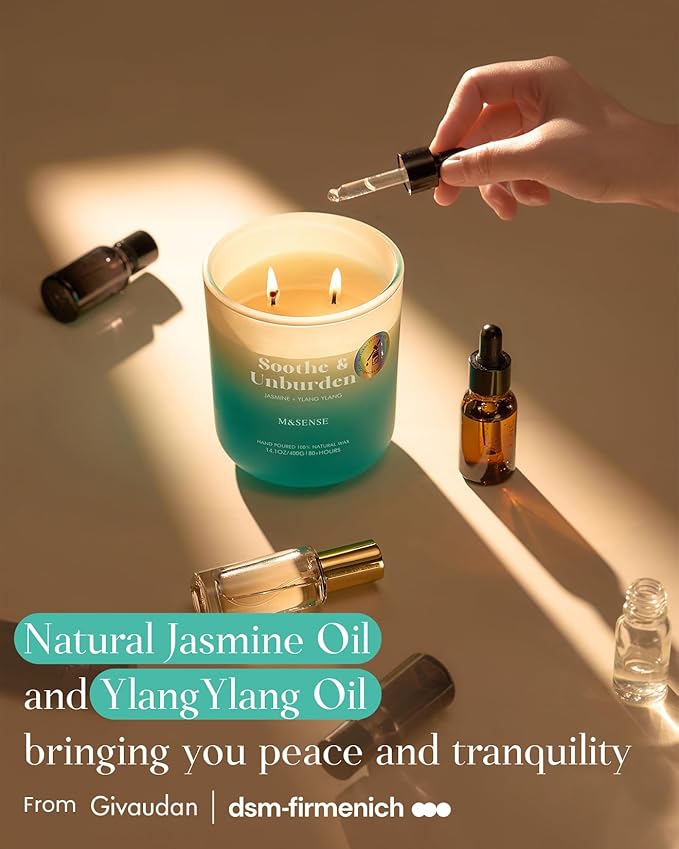 M&SENSE Jasmine & YlangYlang Scented Candle for Home, 14.1oz 80 Hours Non Toxic Natural Soy Wax Long Lasting Aromatherapy Relaxing Candles for Yoga Spa Meditation