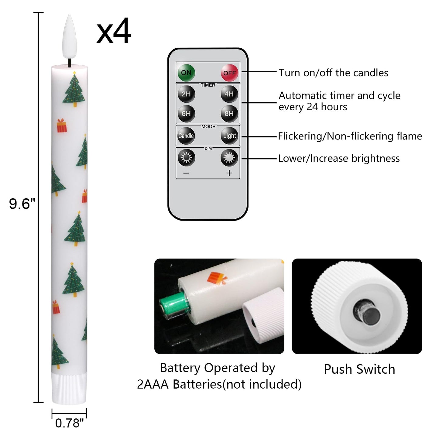 GenSwin Christmas Flameless Taper Candles, 4 Pack Christmas Tree Candles with Remote Timer, Real Wax Flickering LED Flameless Candlesticks Battery Operated with Decals for Home Decor(0.75” x 9.65”)