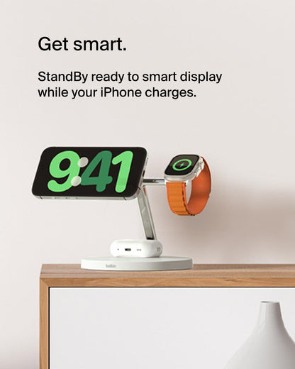 Belkin MagSafe-Compatible Charger, 3-in-1 Wireless Charging Station, Qi2-Certified 15W Wireless Charge for Apple iPhone 17 Series, Apple Watch, AirPods w/Non-Slip Base, 40W Included - Black