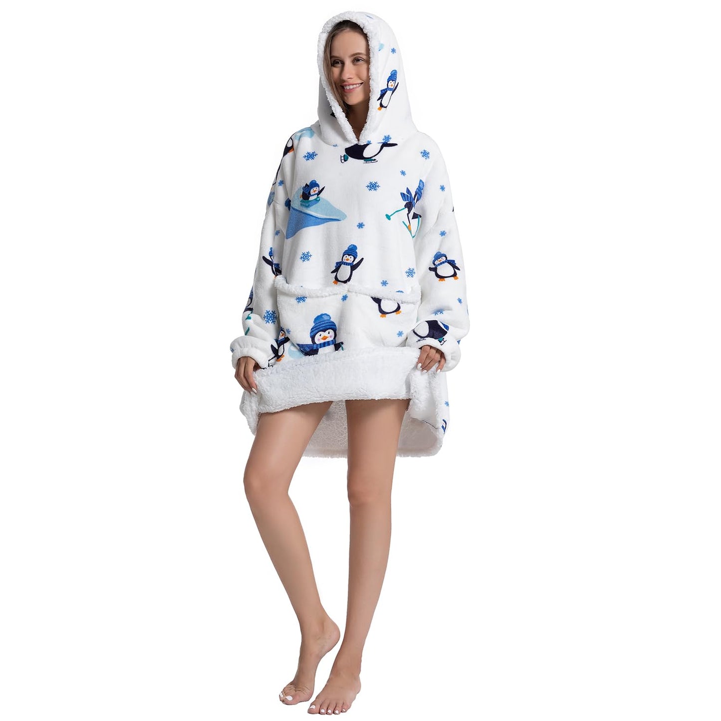 Oversized White Penguin Comfy Wearable Blanket, Big Sherpa Fleece Animal TV Hoodie Sweatshirt, Christmas Gifts for Adults Women Girls Teens