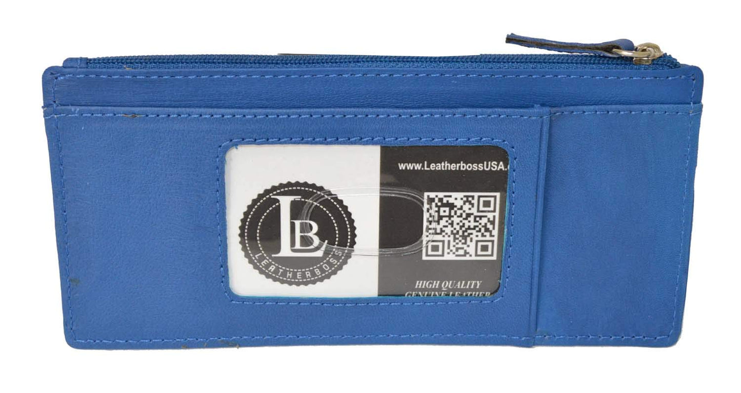 Leatherboss Genuine Leather Women's All in One Credit Business Card Case Holder Slim Zipper Wallet With a Card Protection Strap, Royal Blue