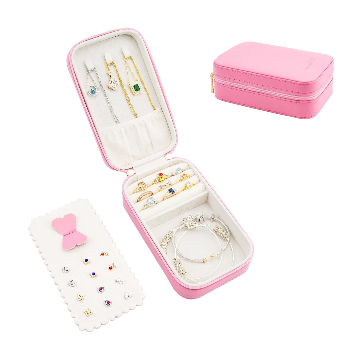 Small Travel Jewelry Organizers Box for women with PU Leather Portable Mini Jewelry Case with compartments for Necklace Rings Earrings,Luxury Giftable boxes. (Pink, M)