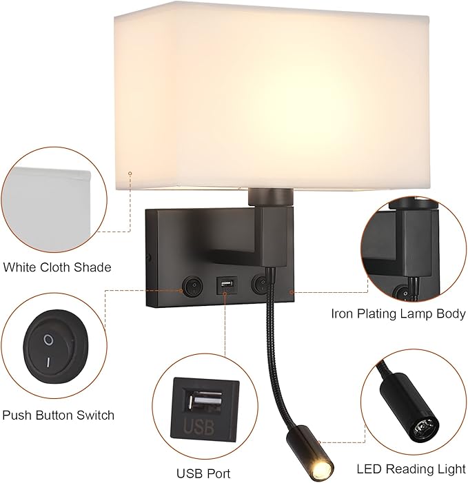Black Wall Sconces, Hardwired Wall Lamp with USB Port and Reading Lamp, Fabric Shade Bedside Wall Lights with Reading Lamp for Bedroom Living Room Hotels Corridors (Black)