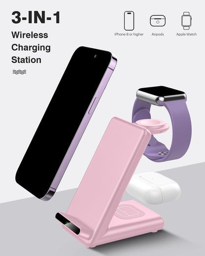 Wireless Charging Station,3 in 1 Charging Stand Made for Apple Watch Ultra 11 10 9 8 7 6 SE 5 4 3,Fast Wireless Charger Made for iPhone 17/Air/16/15/14/13/12,for AirPods Pro(with Adapter) (Black)