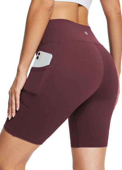 baleaf Biker Shorts Women Yoga Gym Workout Spandex Running Volleyball Tummy Control Compression with Pockets Soft 8" Wine Red L
