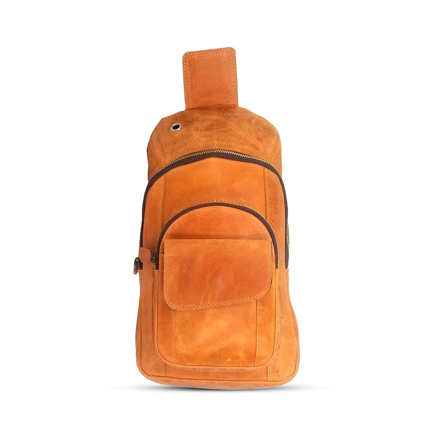 The Tannery Handmade Buffalo Leather Multipurpose Travel Hiking Crossbody Chest Backpack with Adjustable Shoulder Strap, Thanks Giving (Camel Brown, Small)