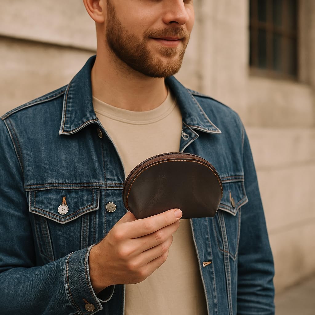 CestAntiQ, Leather Moon Pocket Coin Case, Mini Squeeze Coin Purse Pouch for Change, Dark Brown Leather Coin Holder Tray, Compact Wallet for Men & Women, Stylish & Durable, Elegant Coin Purse