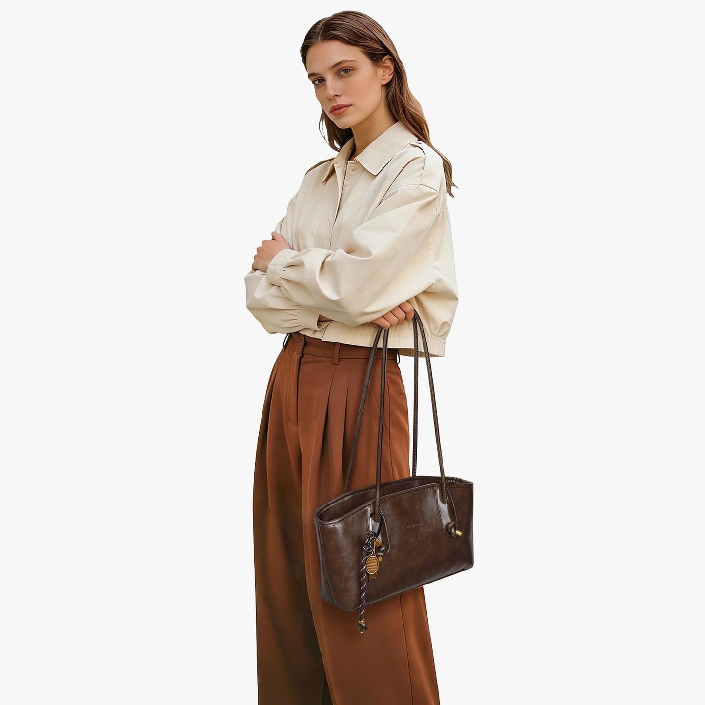 Vintage Shoulder Bags for Women Brown Purse Fall Hobo Handbag Faux Leather Shoulder Purse with Cute Pendant