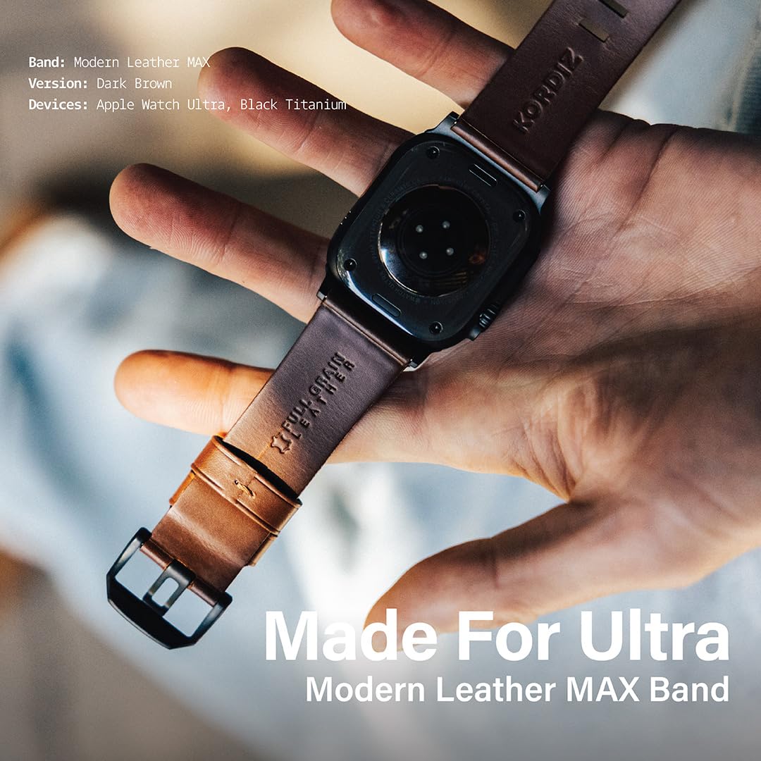 KORDIZ Modern Leather MAX Band for Apple Watch Series 11 10 9 8 7 6 5 & SE3 SE2 SE [46/45/44mm] – Premium Full-Grain Leather Strap for Men, Rugged Modern Design, Stainless Steel Buckle, Comfortable Everyday Fit – 26mm Wide Leather Band (46/45/44mm | Dark