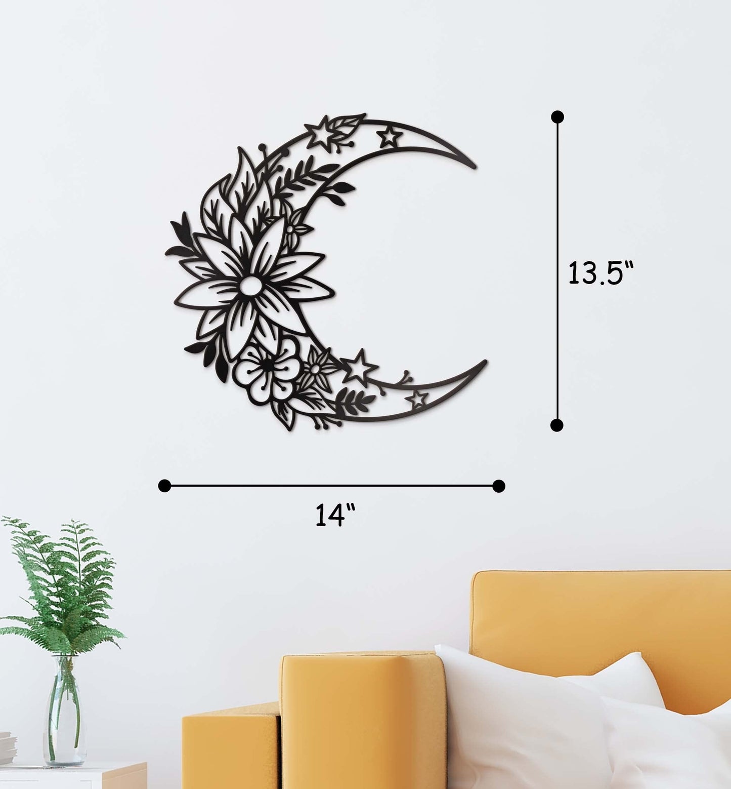 Vivegate Moon Metal Floral Art Decor - 14"X13.5" Black Boho Large Floral and Star Phase Wall Signs for Half Moon Flower Sculpture Hanging Wall Decor for Bedroom