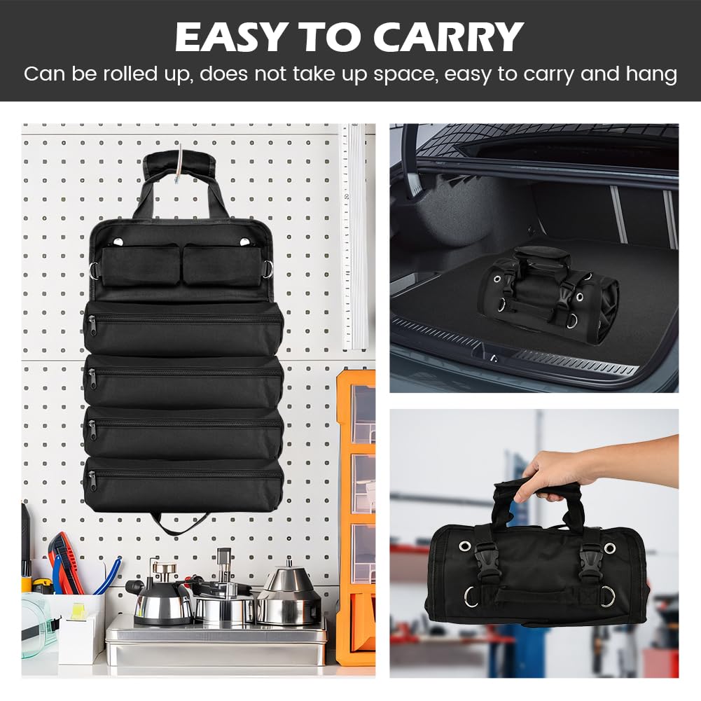 Roll Up Tool Bag, Heavy-Duty Waterproof Tool Roll Organizer with 4 Compartments and 2 Detachable Zipper Pouches, Compact Tool Storage for Mechanics, Electricians, RV and Motorcycle (Black)