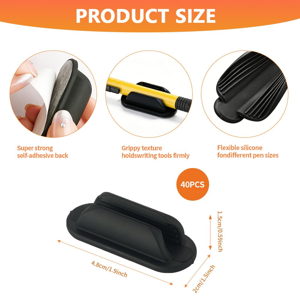Yanchexp 40 PCS Adhesive Pencil Holders for Desk,Silicone Pencil Holder with Upgraded Adhesive Pads, Flexible Pen Holder for Walls Clipboards,Office Essentials Accessories Teacher Supplies