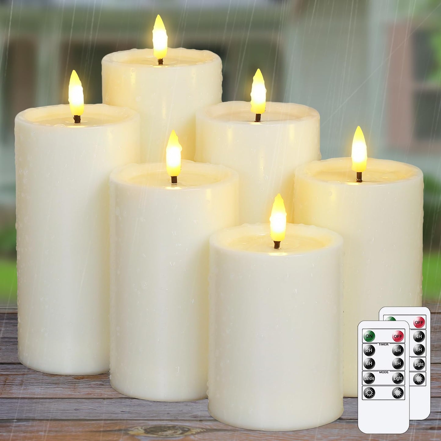 Yeelida Outdoor 6pcs Flameless Waterproof Candles with Handy Remote Control, Cycle Timer Battery Operated Candle Grease Effect LED Flickering Pillar Plastic Long Lasting (Ivory, 3" x4" 5" 5" 6" 6" 7")
