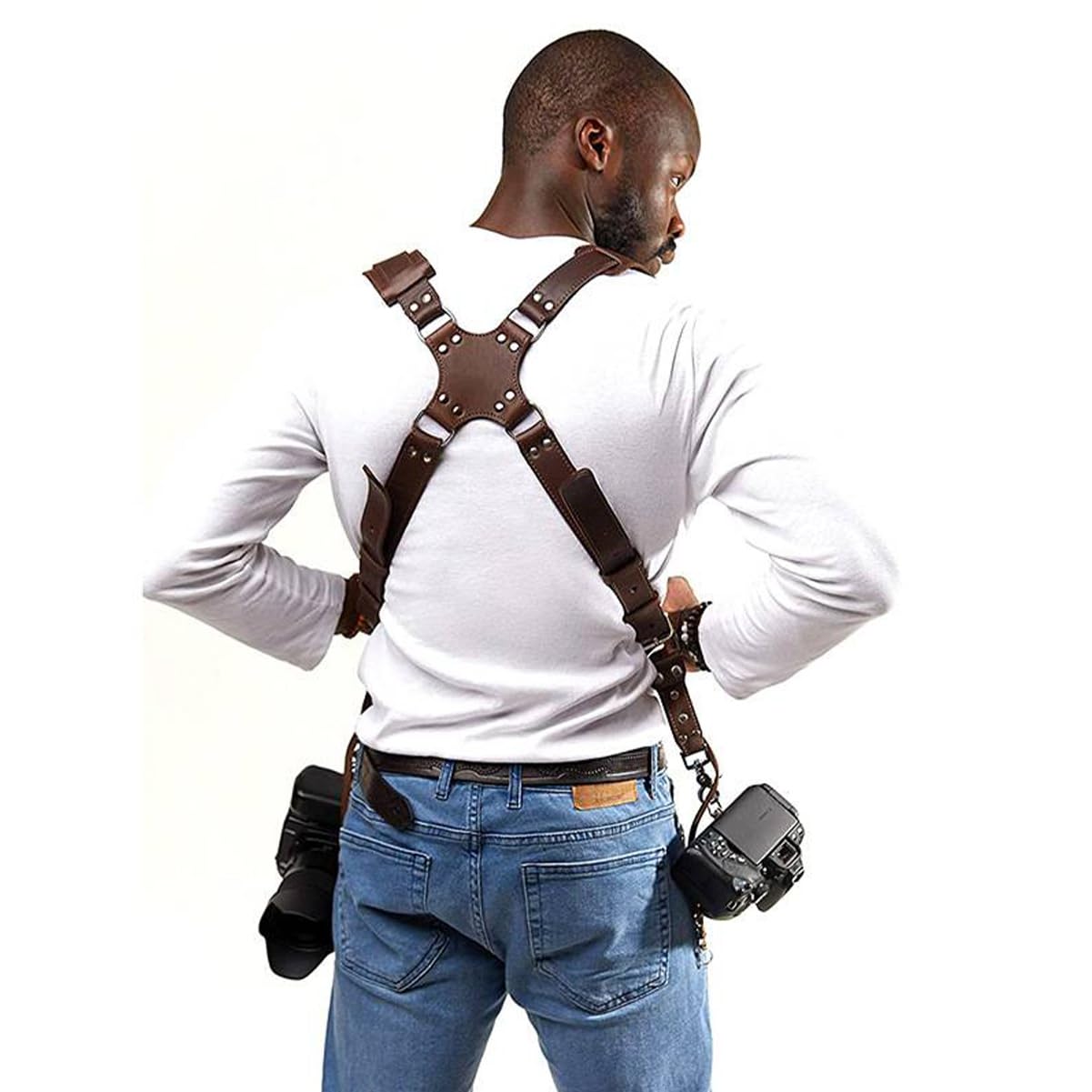 TROUVAILLE Camera Shoulder Strap, Dual Shoulder Leather Harness, Adjustable Leather Rivet Double Harness Shoulder Strap Accessory for DSLR/SLR, Brown